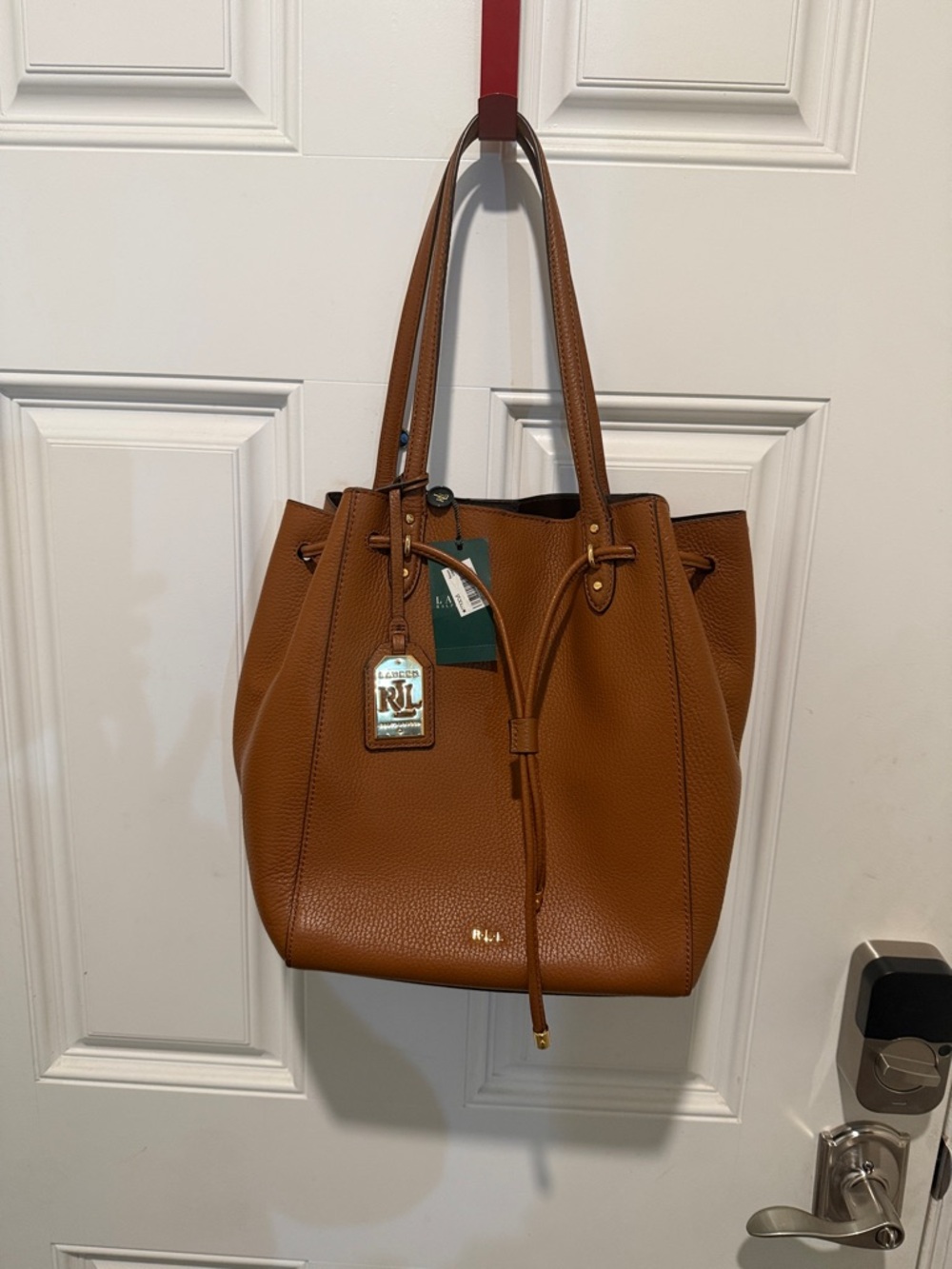 Ralph Lauren Double RL Brown Pebbled Leather Drawstring Shoulder Bag